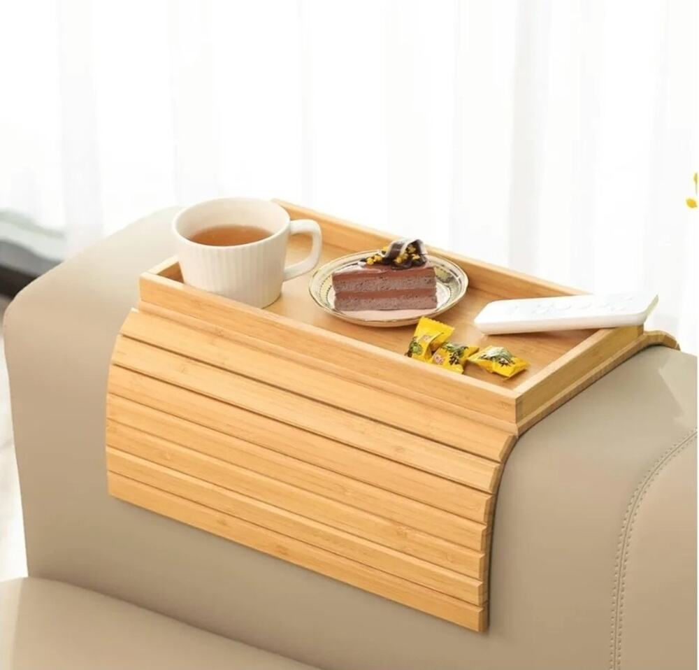 Bamboo Couch Armrest Table, Couch Arm Tray, Non-Slip Backing 13"x18"